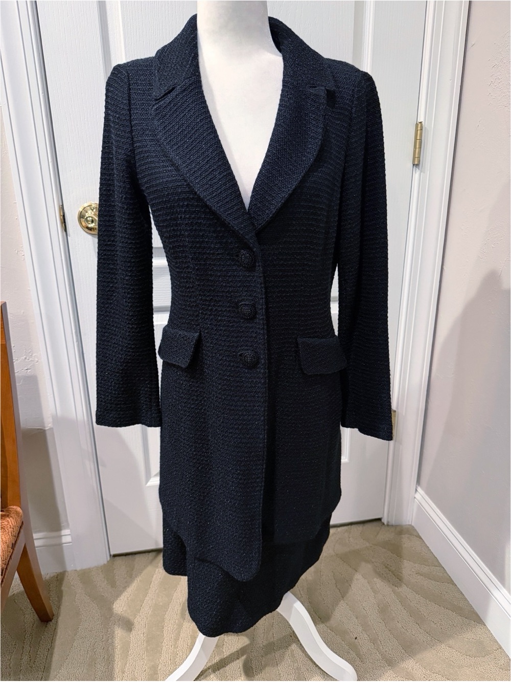 NWT St John Classic Black Women's Long Tailored Coat with Matching Skirt
